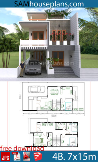 House Plans 7x15m with 4 Bedrooms - House Plans Free Downloads