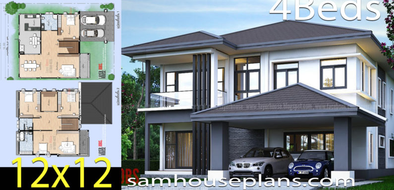 House Plans Idea 12×12.8 m with 4 bedrooms