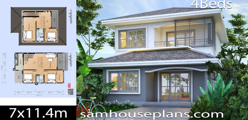 House Plans Idea 7×11.4m with 4 bedrooms