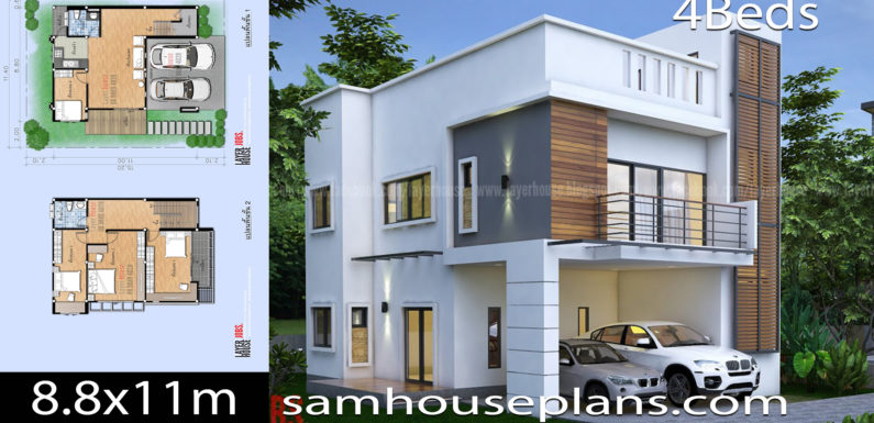 House Plans Idea 8.8x11m with 4 Bedrooms